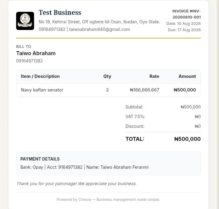 Professional fashion invoice in Cresoa
