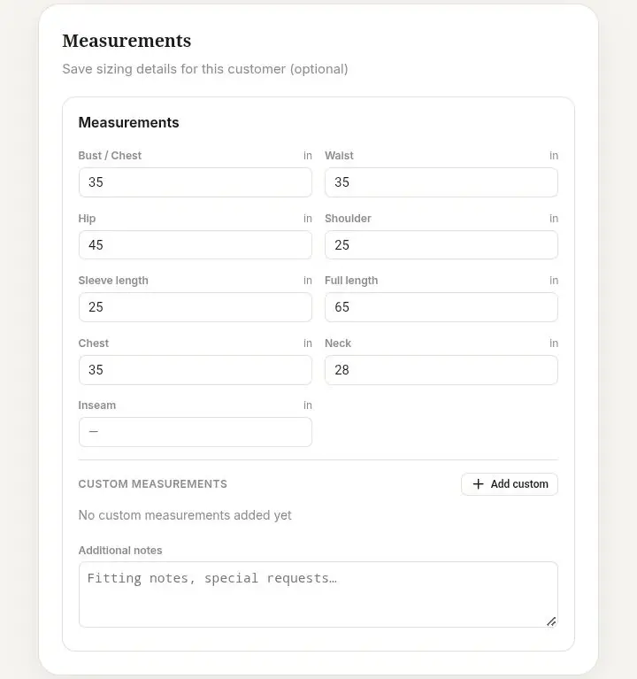 Customer profile with measurements in Cresoa