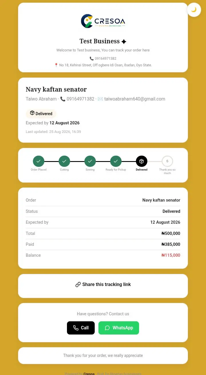 Order and production tracking in Cresoa