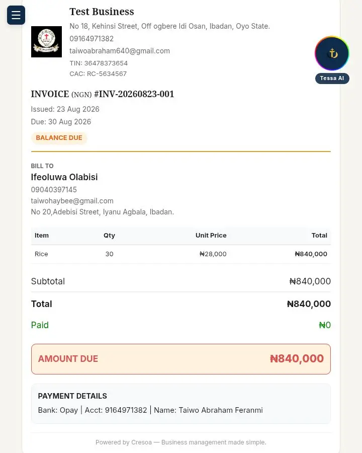 Branded invoice with bank details